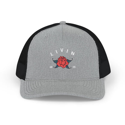 Embroidered Snapback Cap - Livin' 2023 Floral Design, Adjustable Trucker Hat, Gift for Trendy Fashion, Summer Accessories, Outdoor Fun