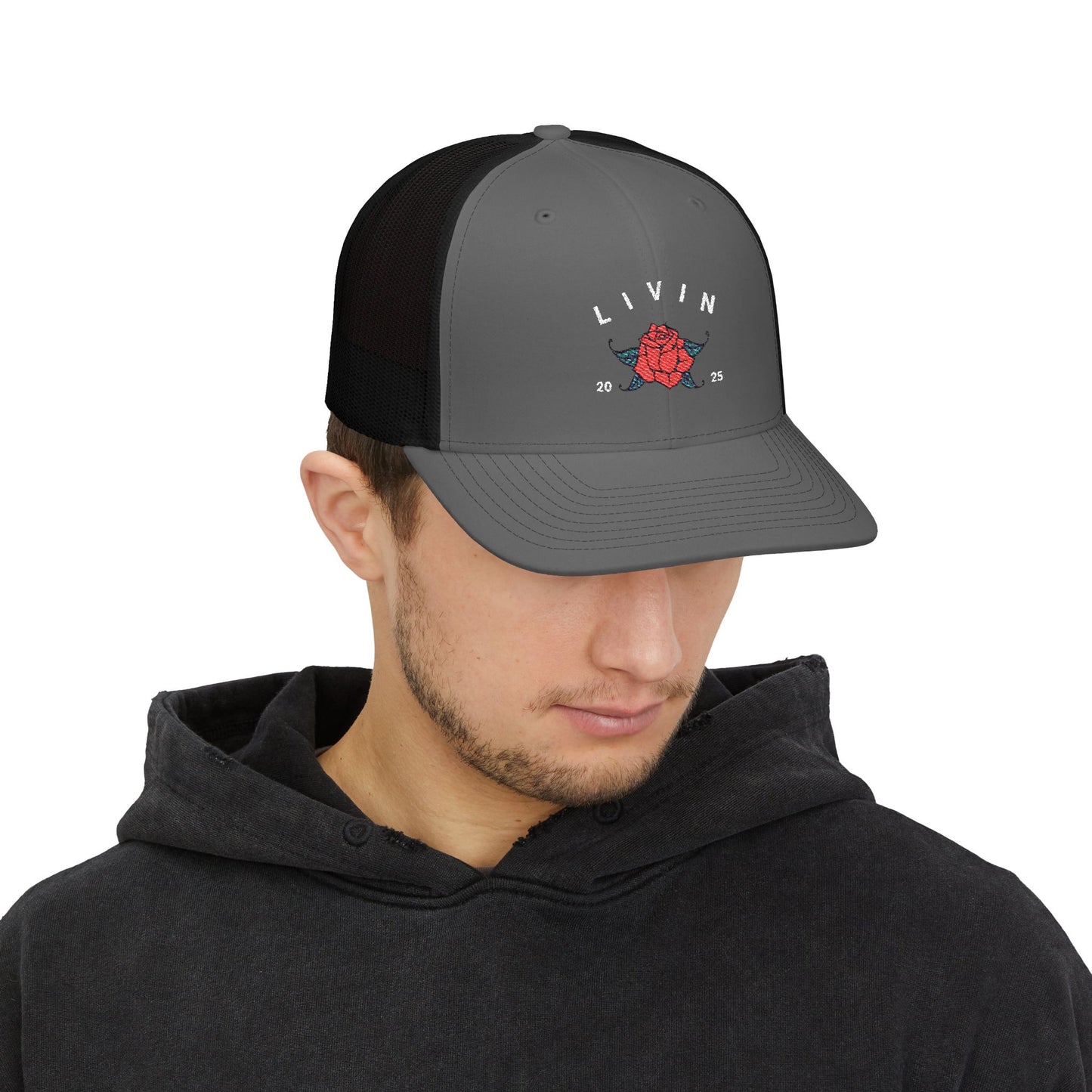 Embroidered Snapback Cap - Livin' 2023 Floral Design, Adjustable Trucker Hat, Gift for Trendy Fashion, Summer Accessories, Outdoor Fun