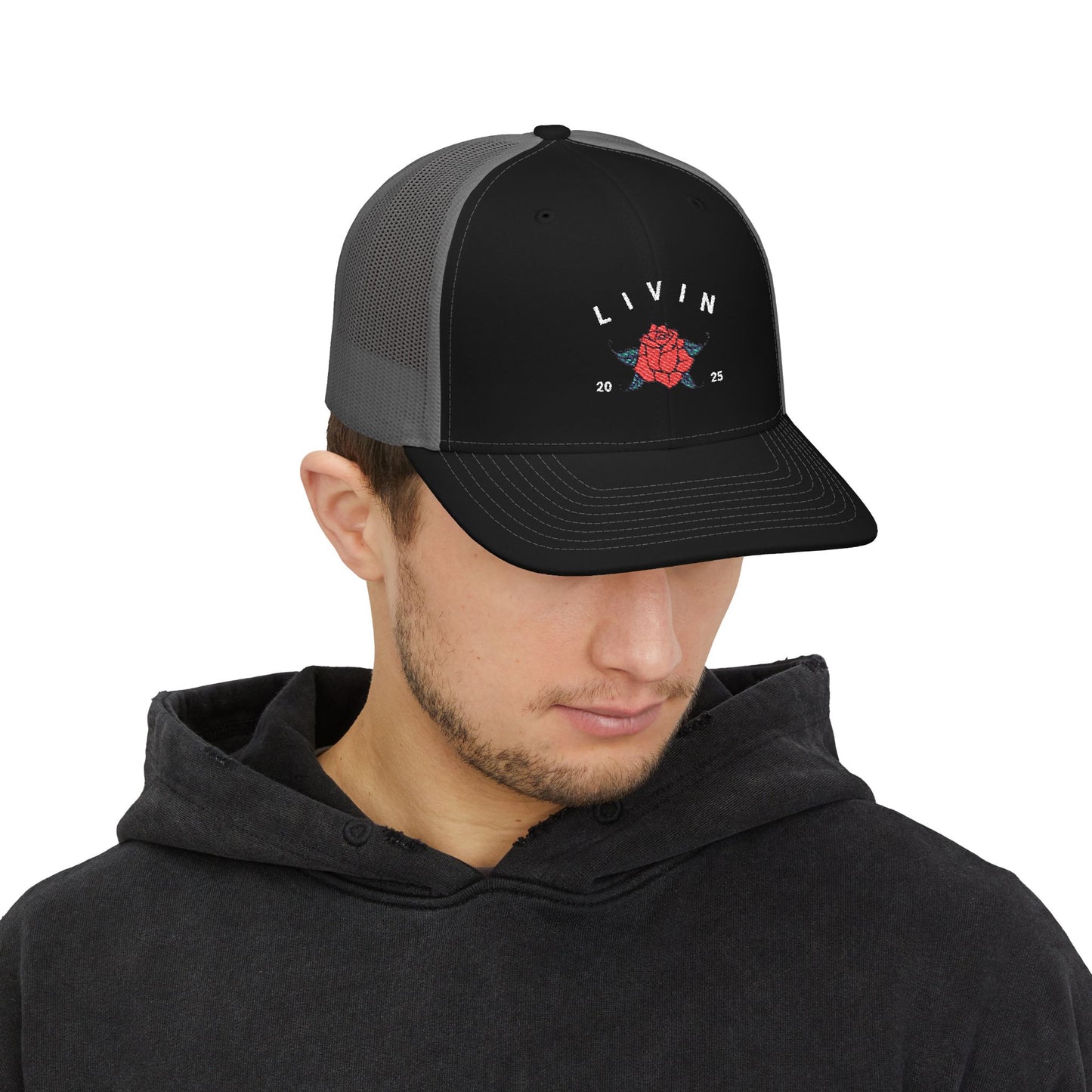 Embroidered Snapback Cap - Livin' 2023 Floral Design, Adjustable Trucker Hat, Gift for Trendy Fashion, Summer Accessories, Outdoor Fun