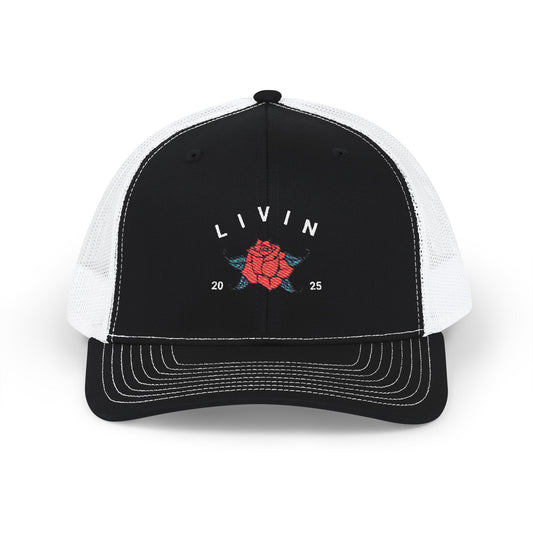Embroidered Snapback Cap - Livin' 2023 Floral Design, Adjustable Trucker Hat, Gift for Trendy Fashion, Summer Accessories, Outdoor Fun
