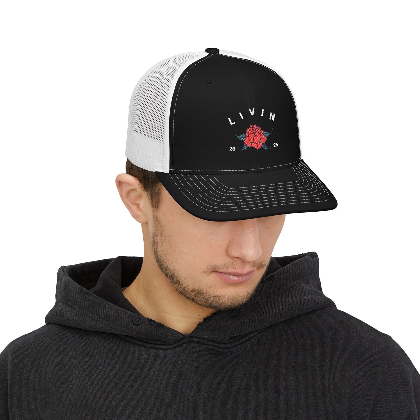Embroidered Snapback Cap - Livin' 2023 Floral Design, Adjustable Trucker Hat, Gift for Trendy Fashion, Summer Accessories, Outdoor Fun