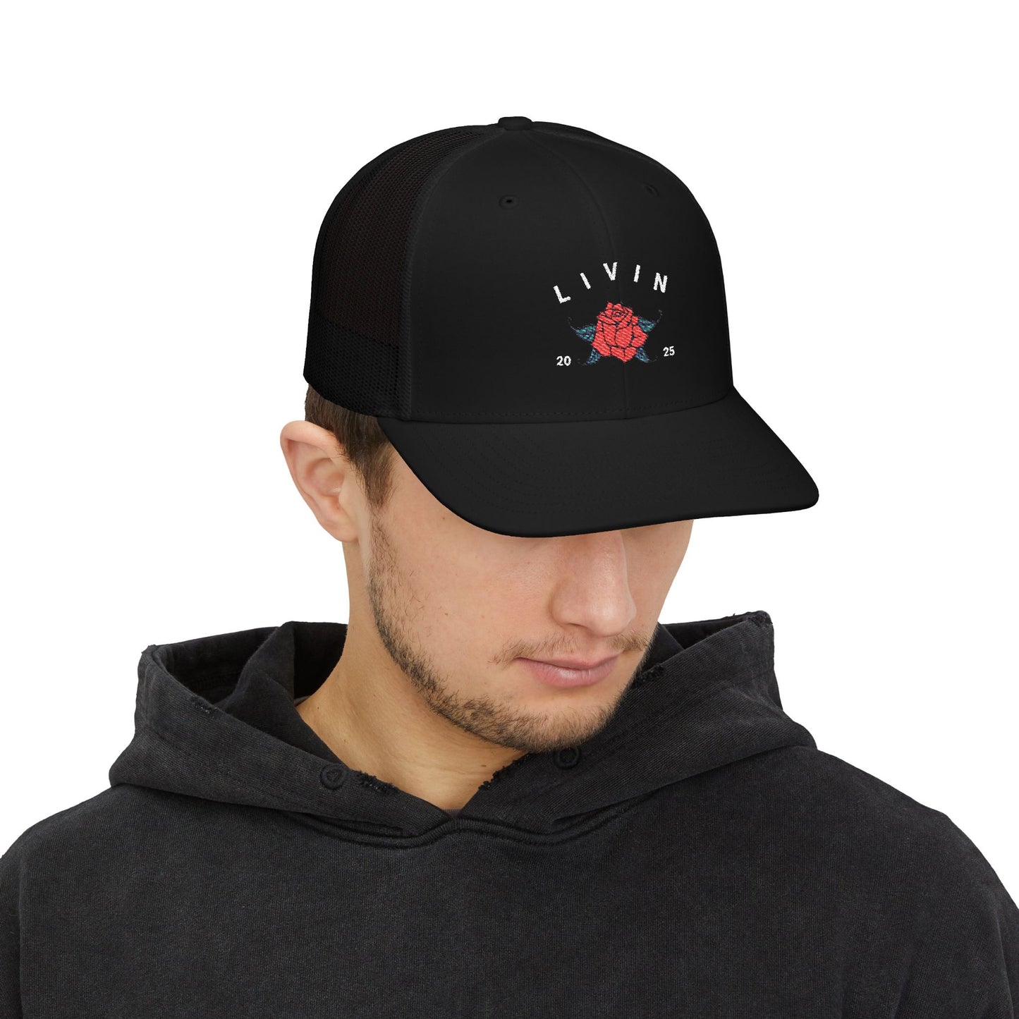Embroidered Snapback Cap - Livin' 2023 Floral Design, Adjustable Trucker Hat, Gift for Trendy Fashion, Summer Accessories, Outdoor Fun