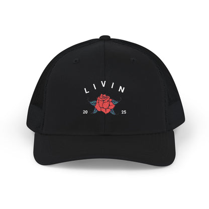 Embroidered Snapback Cap - Livin' 2023 Floral Design, Adjustable Trucker Hat, Gift for Trendy Fashion, Summer Accessories, Outdoor Fun
